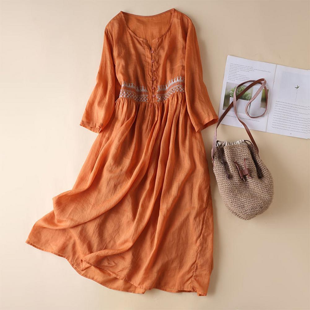 Cotton Casual Dress Elegant Ethnic Embroidered Midi Dress with High Waist Doubl image 5