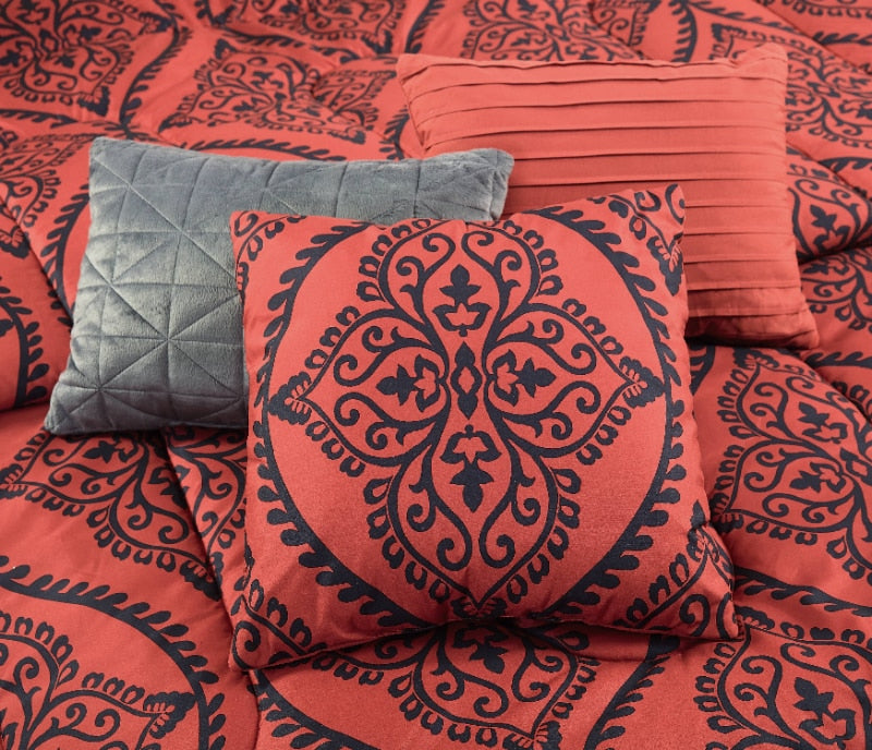 Mainstays Red and Black Damask 8 Piece Bed in a Bag Comforter Set with Sheets, image 5
