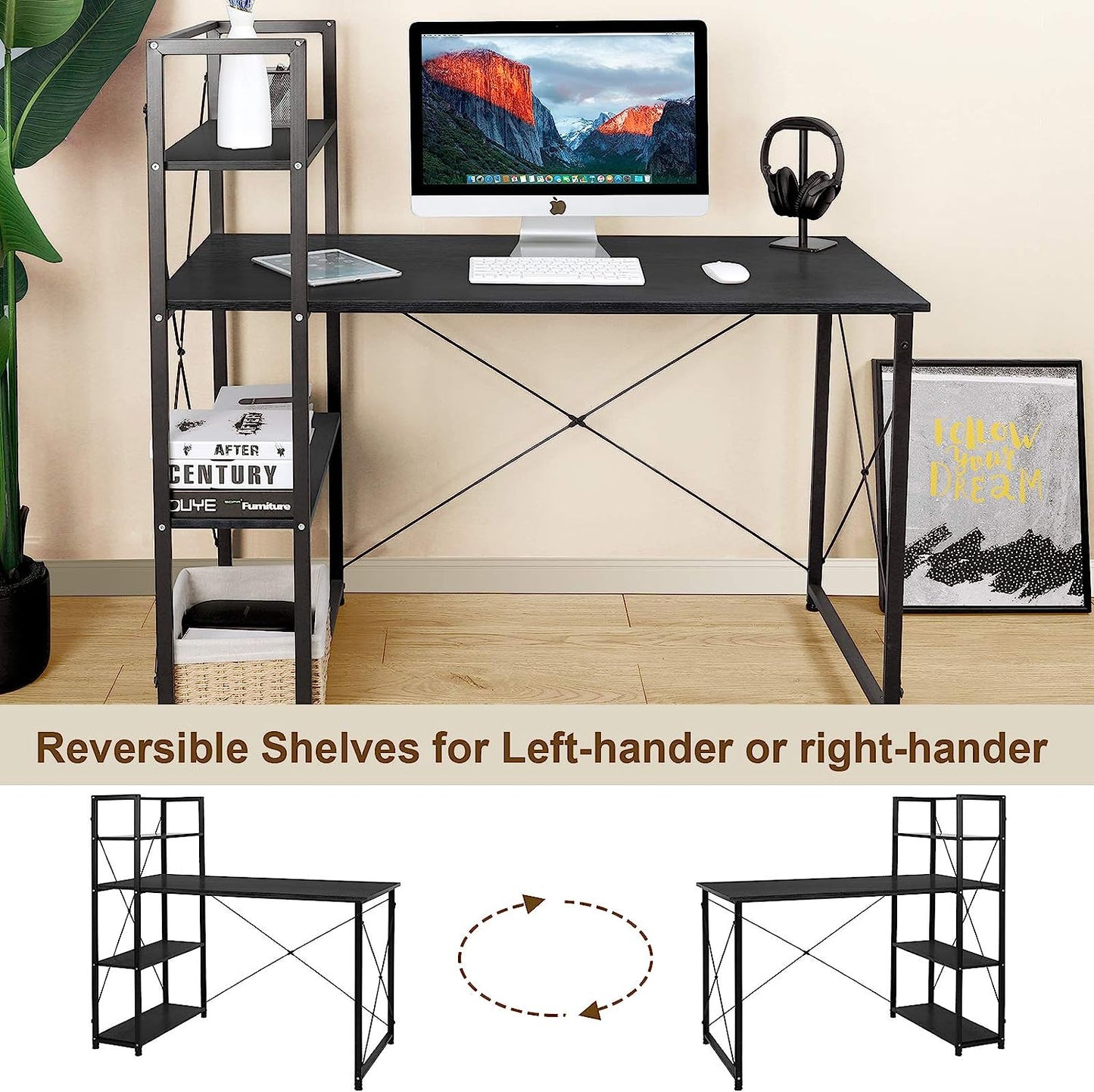 AOOU Computer Desk with 4 Tier Shelves, 47'' Study Writing Table for Home Offic image 3