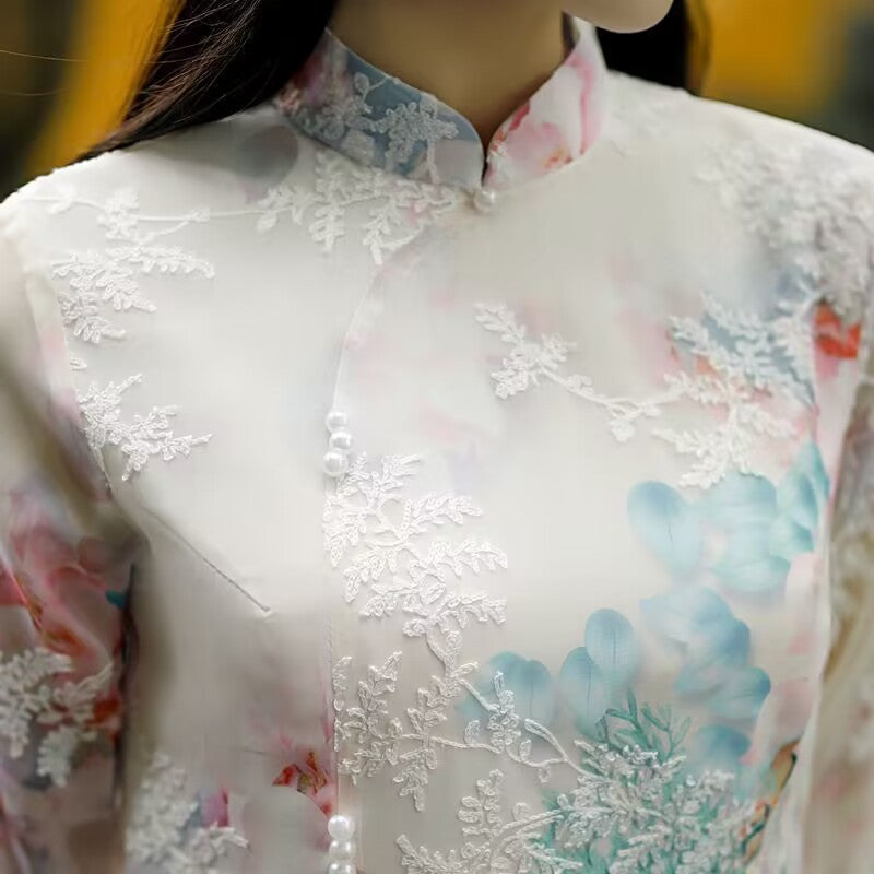 Summer Chiffon Ao Dai Elegant Dress Qipao Oriental Printing Dress Qipao Vietnam image 3
