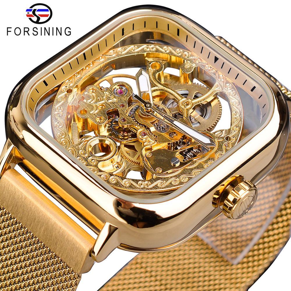 Forsining Golden Men Automatic Watch Square Skeleton Mesh Steel Band Mechanical image 0