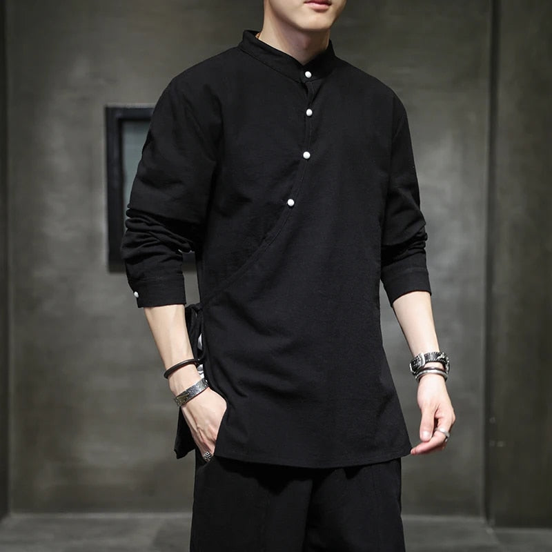 Mens Chinese Style Hemp Shirt Cotton Linen Tang Suit Hanfu Retro Stand-Up Colla image 1