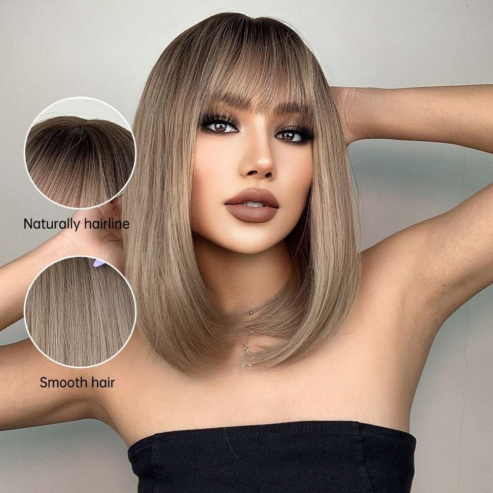 Short Straight Bob Wigs with Bangs Golden Brown Natural Synthetic Hair for Wome image 7