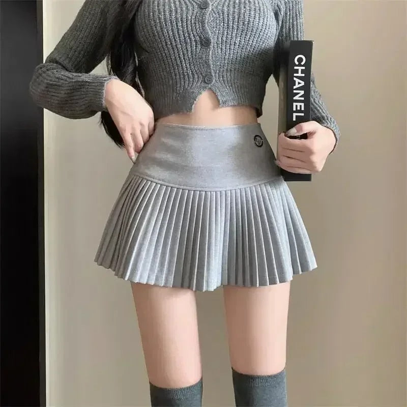 HOUZHOU Woolen Pleated Skirt Women Korean Cute Cute High Waist A-line Patchwork image 1
