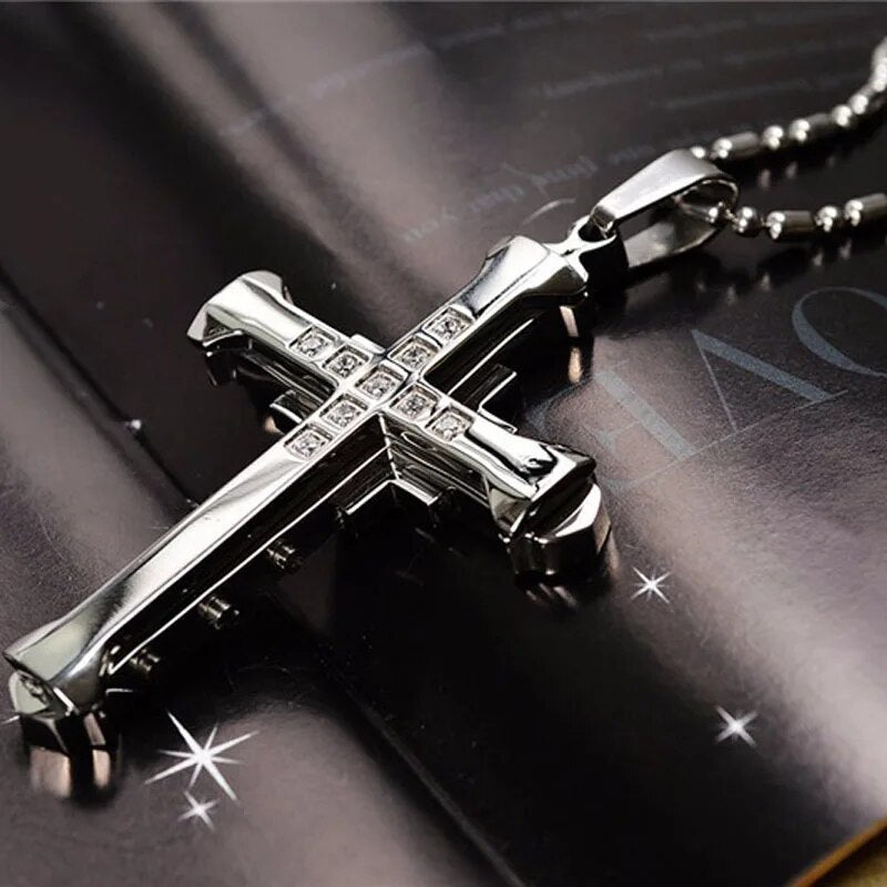 2024 New Male Crystal Cross Jesus Pendant Gold/Black/Blue Color Zirconia Neck image 2
