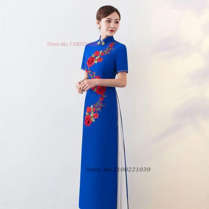 2024 traditional qipao dress cheongsam aodai vietnam aodai dress+pants set vint image 5