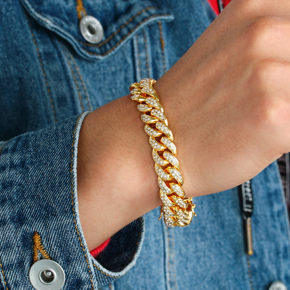 New Shiny Inlaid Rhinestone Cuban Link Chain Bracelet 14k Gold Plated Bracelet image 8