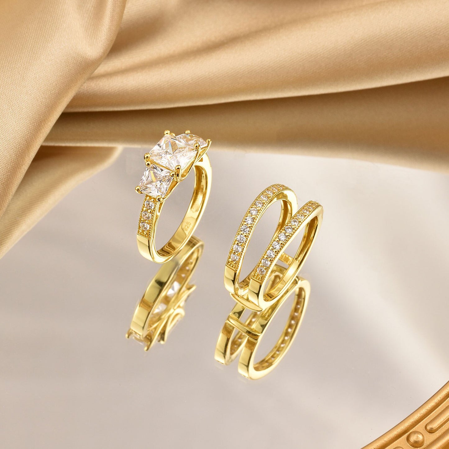 Newshe Yellow/ Rose Gold Wedding Rings Set For Women 925 Silver Princess image 2