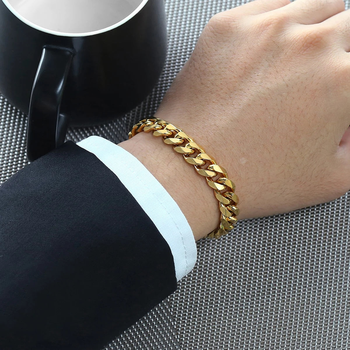 Women's Men's Bracelet Stainless Steel Cuban Link Chain Bracelets Gold Color Si image 3