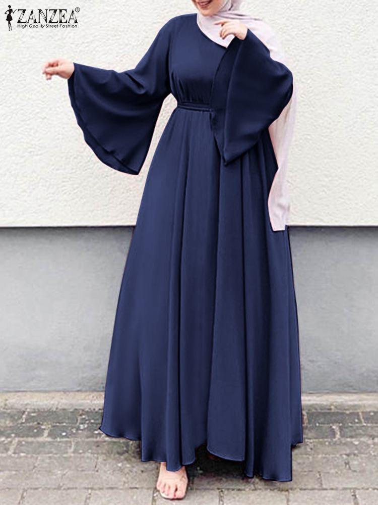 ZANZEA Women Muslim Maxi Dress Solid Color O-Neck Long Sleeve Turkish Abaya Rob image 0