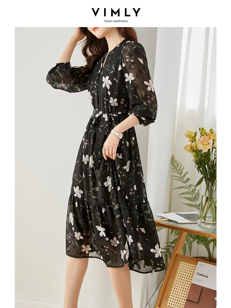 Vimly Chiffon Floral Dress for Women 2024 Spring Vacation Outfit Elegant Vintag image 4