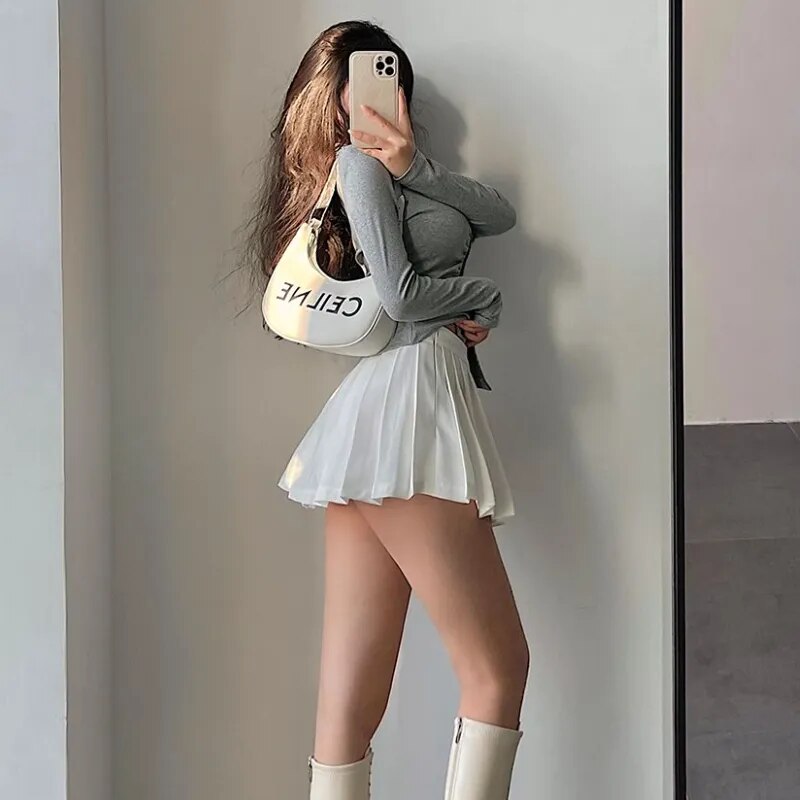 HOUZHOU Pleated Skirt with Shorts Women Cute High Waist Black White A-line Kore image 3