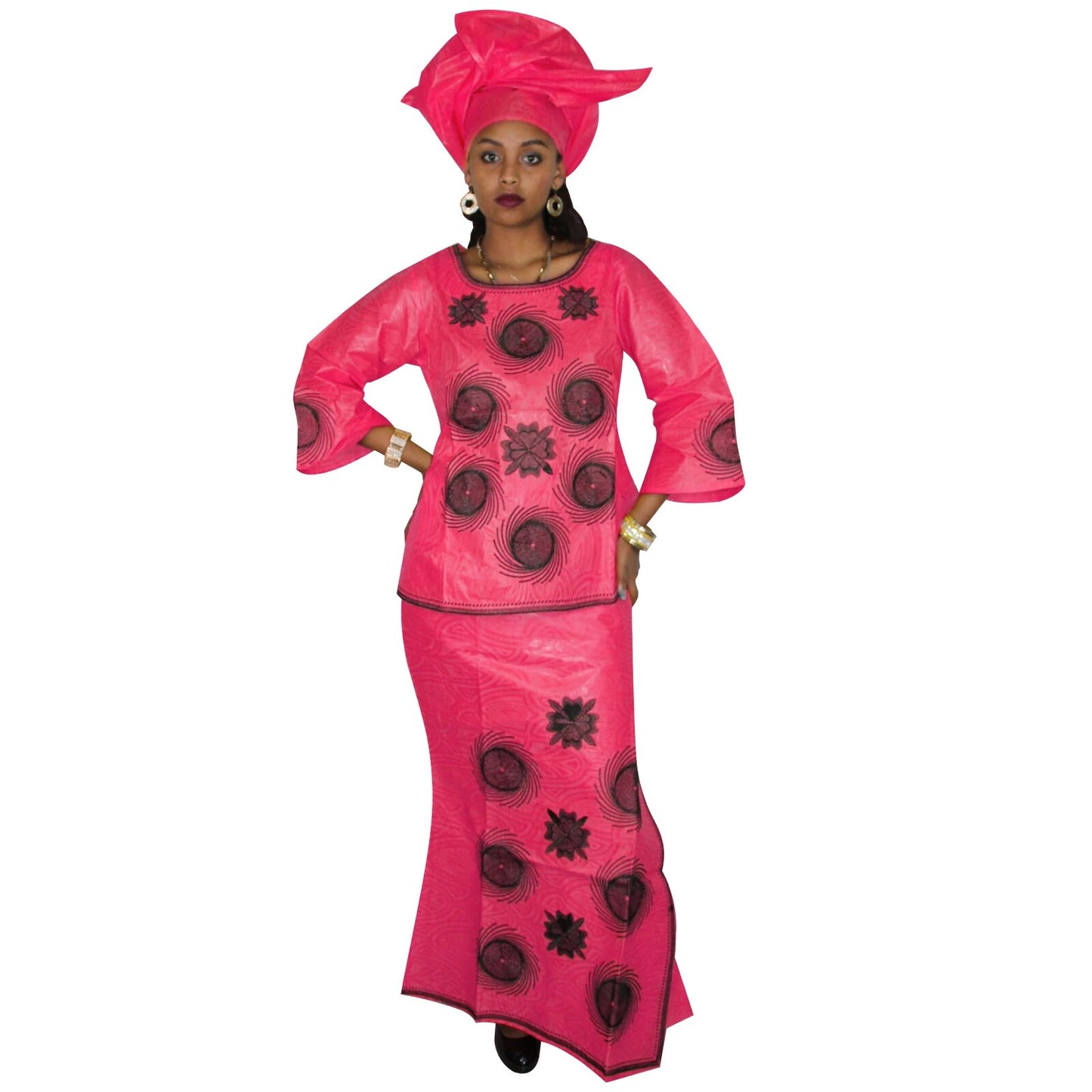 African Dresses For Women 3/4 Sleeve Top With Wrapper And Scarf 3pieces One Set image 0