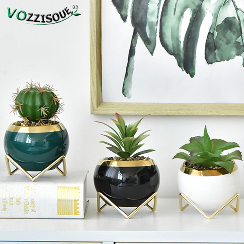 Nordic INS Style Luxury Gilded Ceramic Small Flowerpot with Golden Bracket Crea image 2