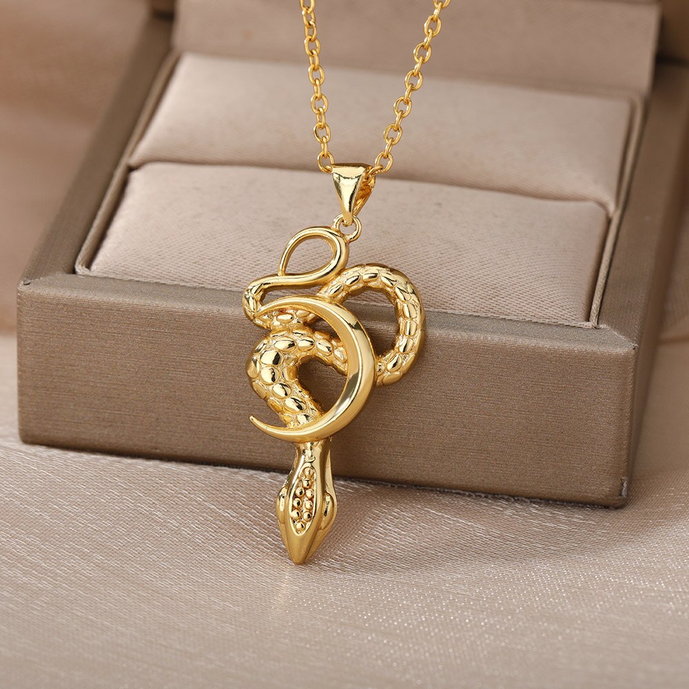 Vintage Punk Snake Pendant Necklace For Women Men Stainless Steel Gold image 14