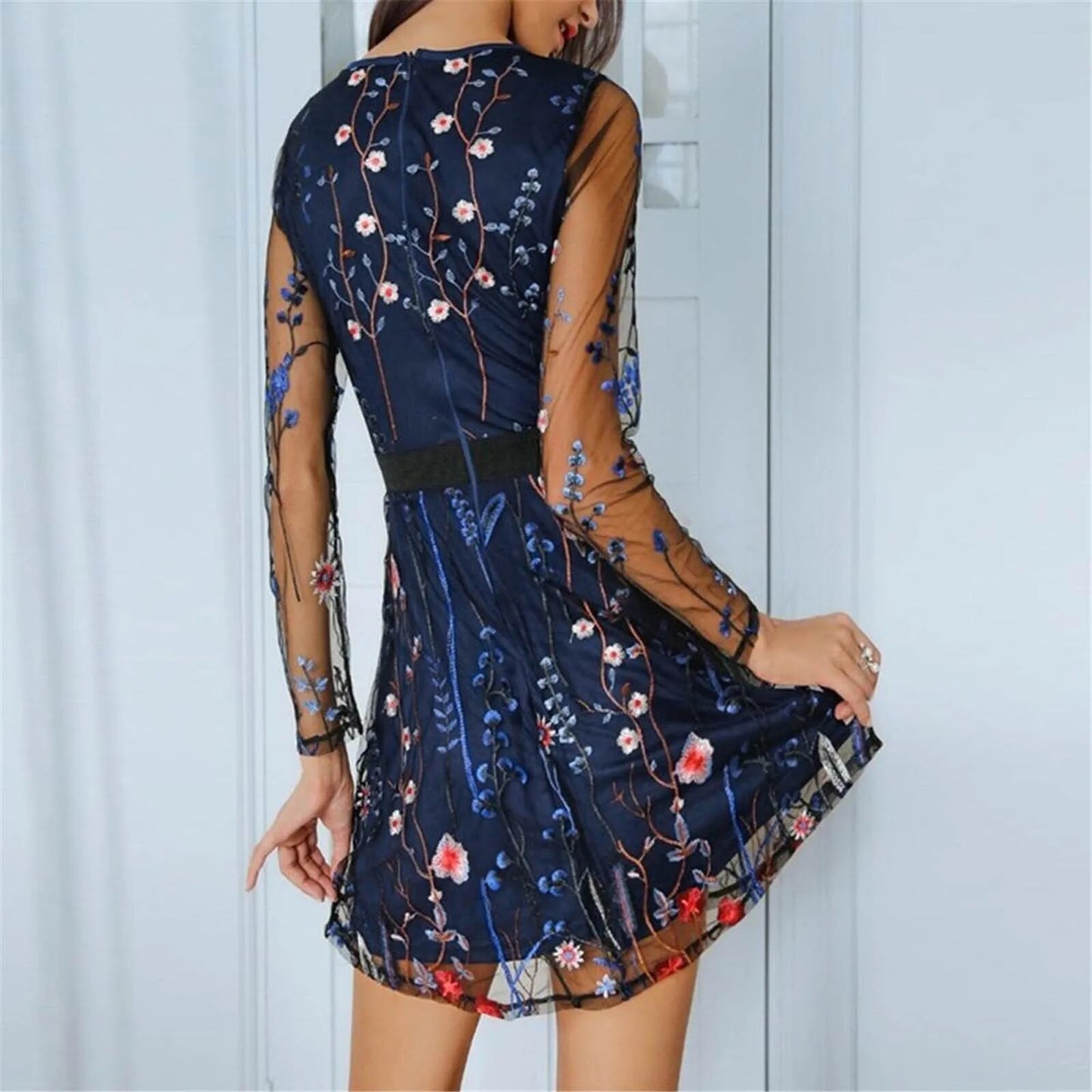 Women Double Layer Mini Dress Floral Embroidered Mesh Patchwork Long Sleeve O-N image 2
