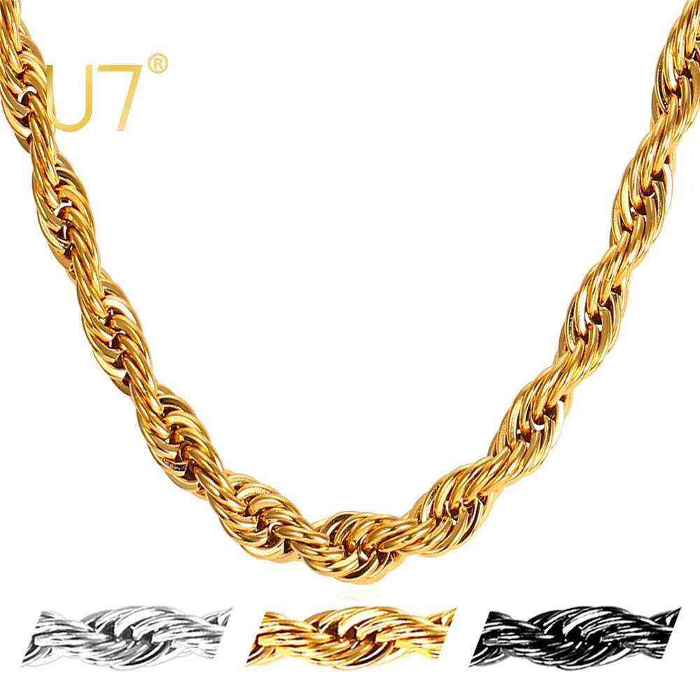 U7 Thick Stainless Steel Twisted Rope Chain Necklace For Men Gold Color Hippie image 0