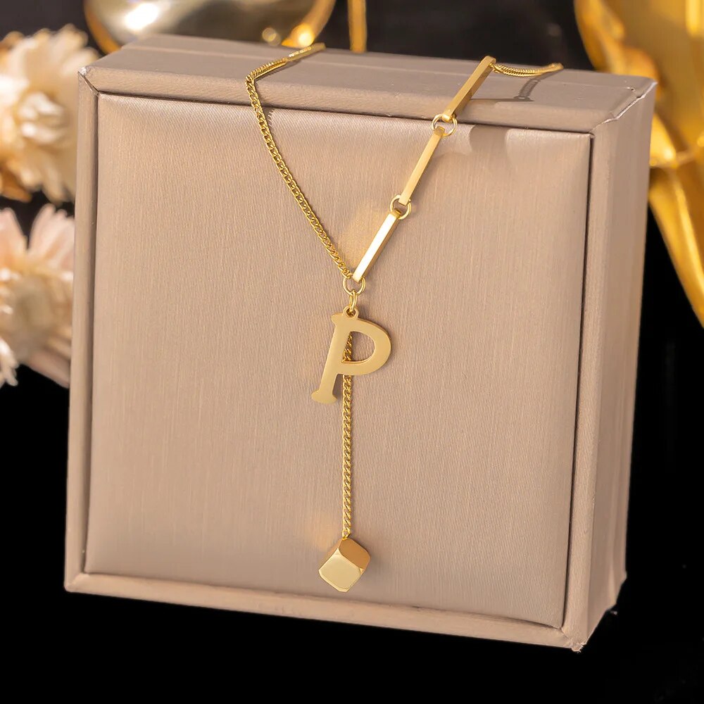 Stainless Steel Initial Letter Necklace For Women Gold Color 26 Alphabet Pendan image 14