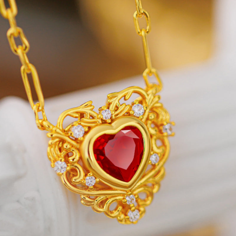 Real18 K Gold Color Ruby Zircon Heart Collar Necklace Chain for Women Valentine image 1