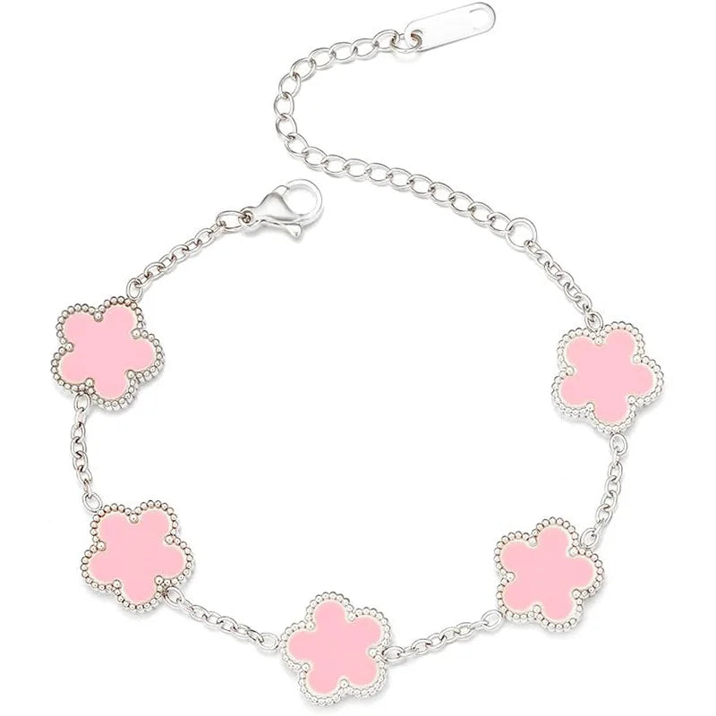 14K Gold Plated Five-leaf Clover Link Bracelets White Black Blue Gold Red Green image 33