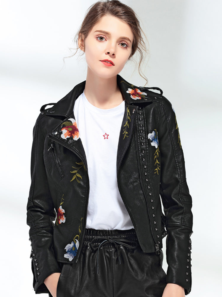 Ftlzz Women Floral Print Embroidery Faux Soft Leather Jacket Coat Turn-down Co image 5