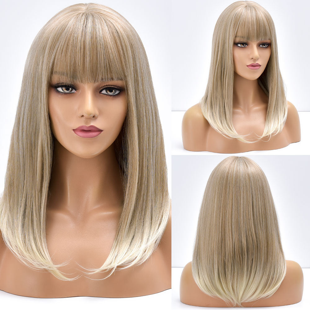 Blonde Ombre Long Straight Gold Synthetic Wig With Bangs For Black White Women image 10