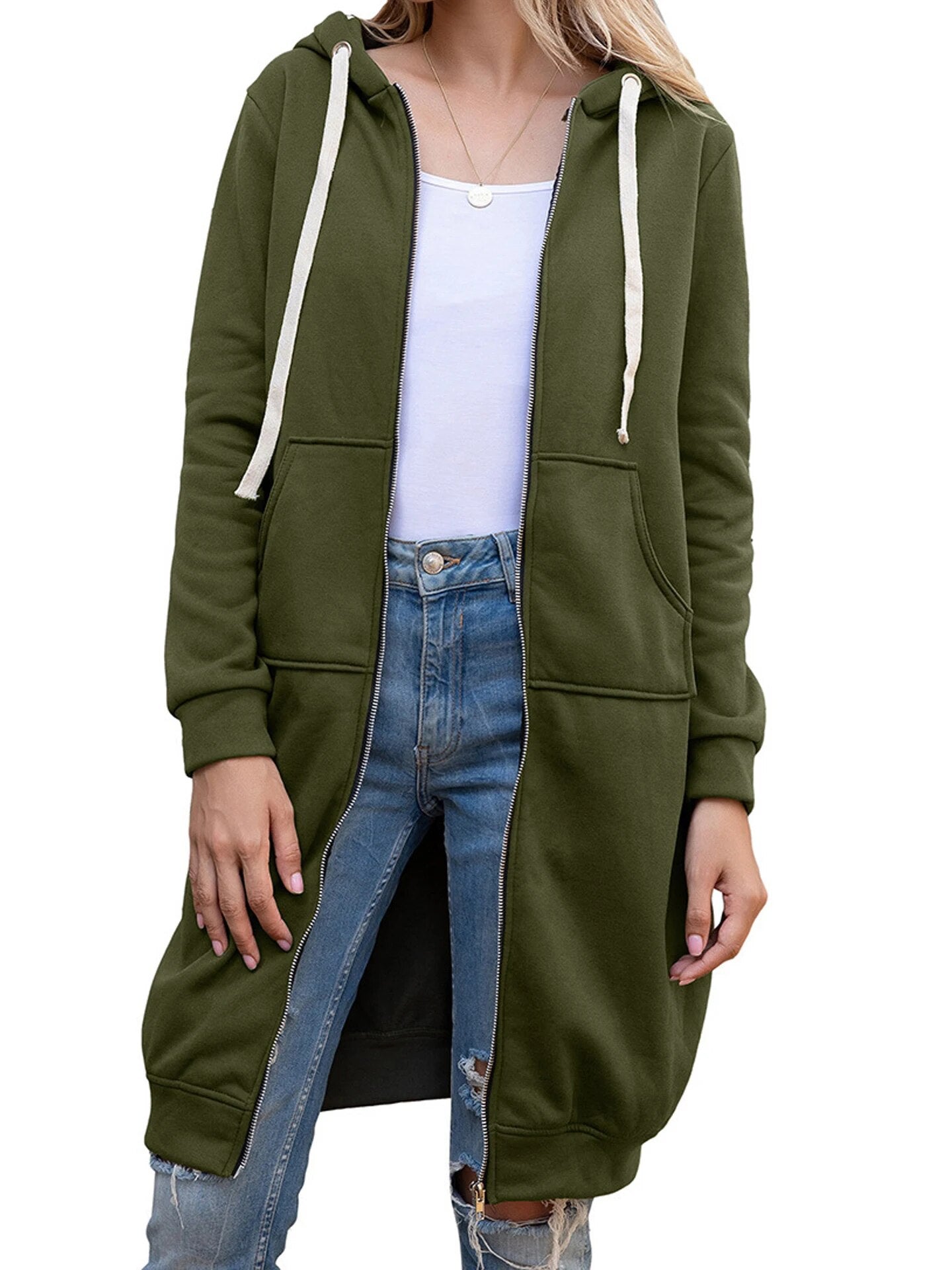 Once 2023 Casual Women Long Hoodies Sweatshirt Coat Zip Up Outer Wears Hooded J image 3