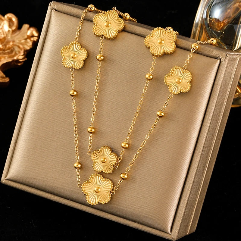 EILIECK 316L Stainless Steel Gold Color Flower Five-Leaf Clover Necklace For Wo image 10