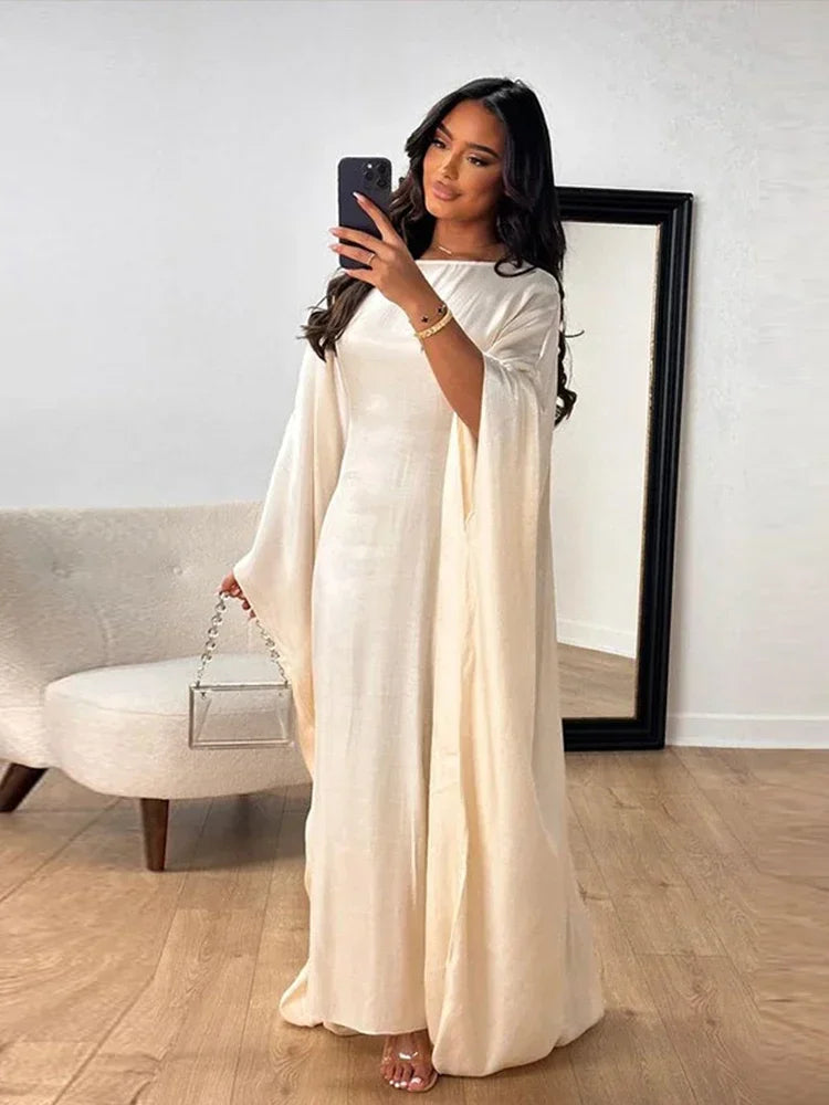 Fashion Glossy Gauze Muslim Kimono Abaya O-neck Maxi Robe Women 2024 Spring Sum image 6