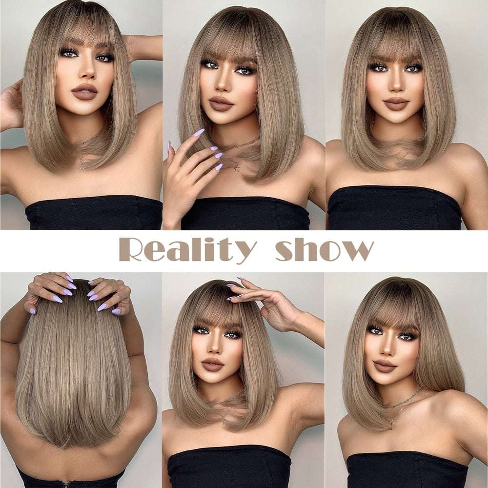 Short Straight Bob Wigs with Bangs Golden Brown Natural Synthetic Hair for Wome image 10