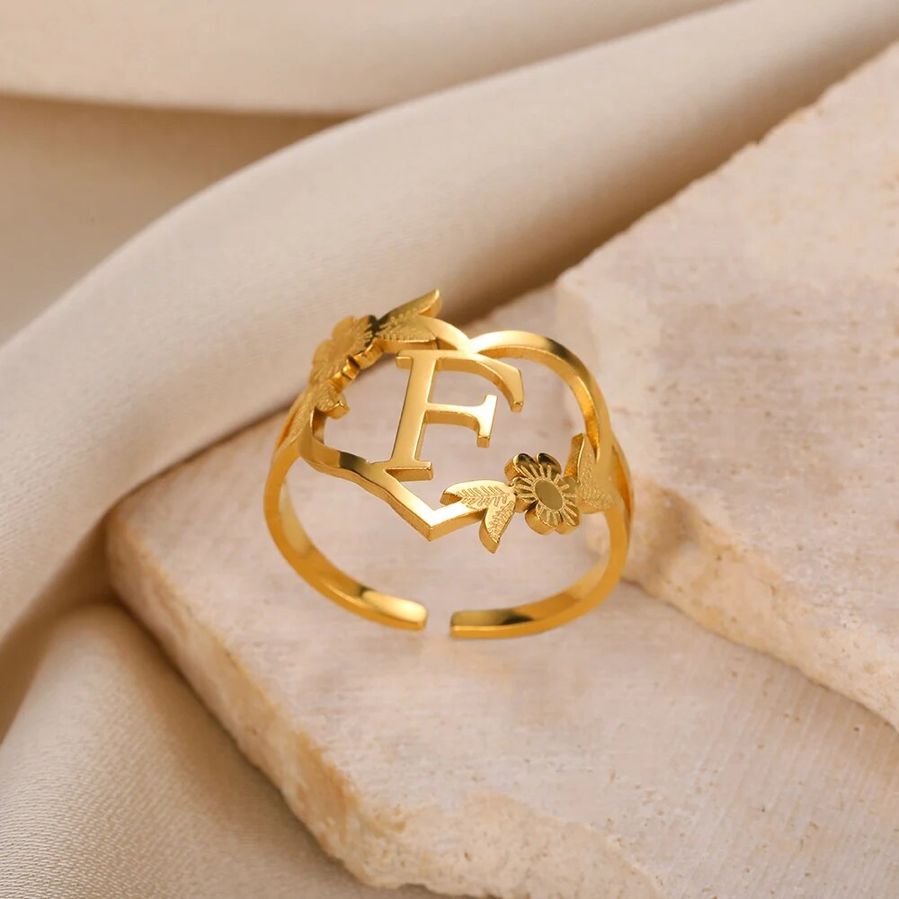 Stainless Steel Initials Flower Heart Rings Gold Color Adjustable Delicate Lett image 0