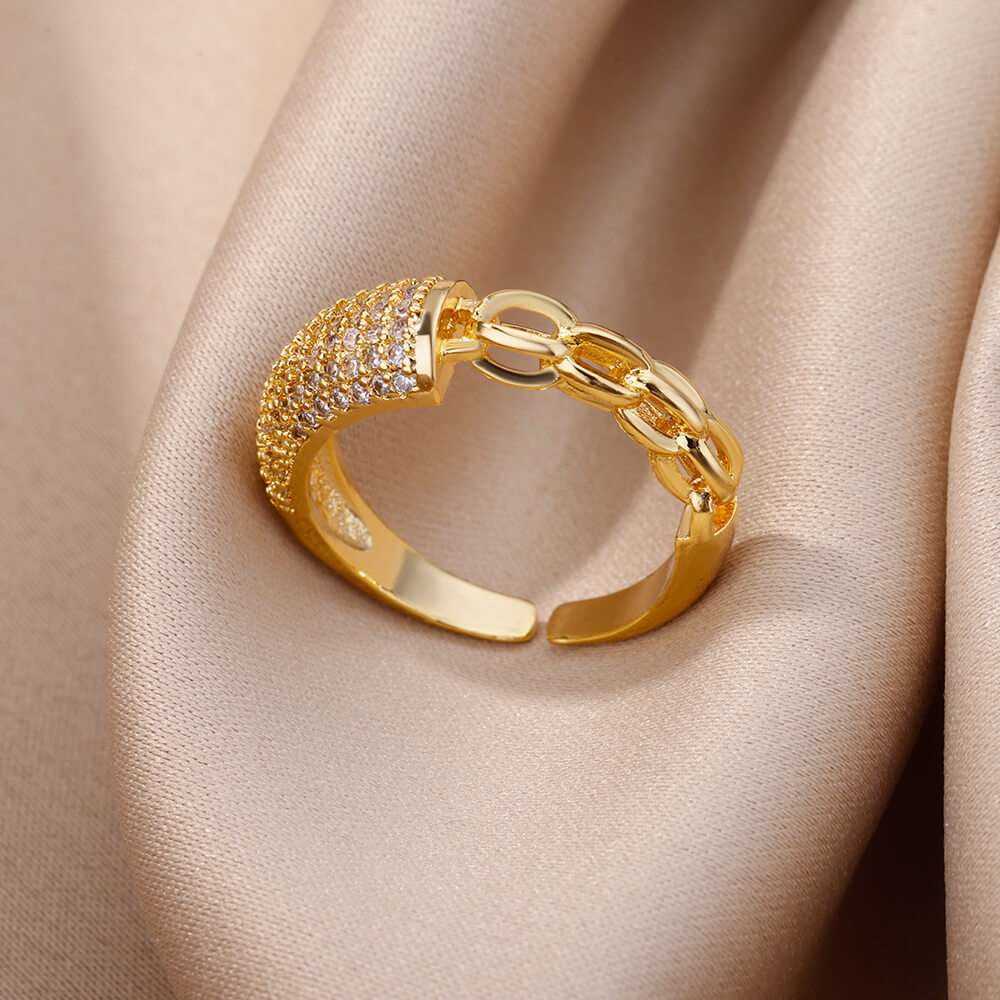 Fashion Gold Color Stainless Steel Rings For Women Chain Hollow Out Crystal Zir image 14