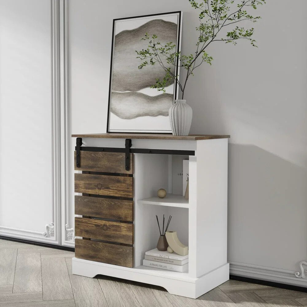 BOUSSAC Coffee Bar Table with Sliding Barn Door, Kitchen Cabinet with Interior image 2