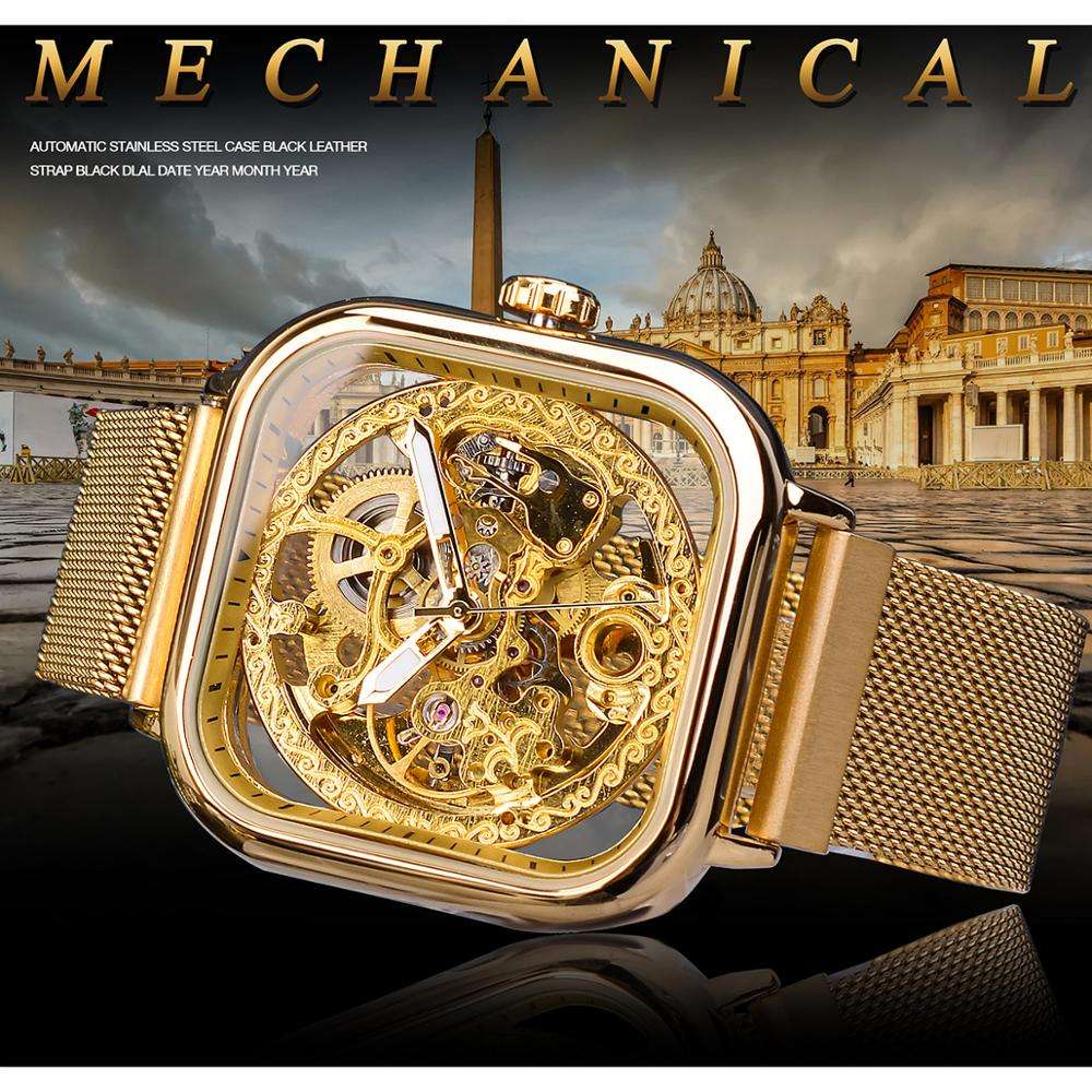 Forsining Golden Men Automatic Watch Square Skeleton Mesh Steel Band Mechanical image 3