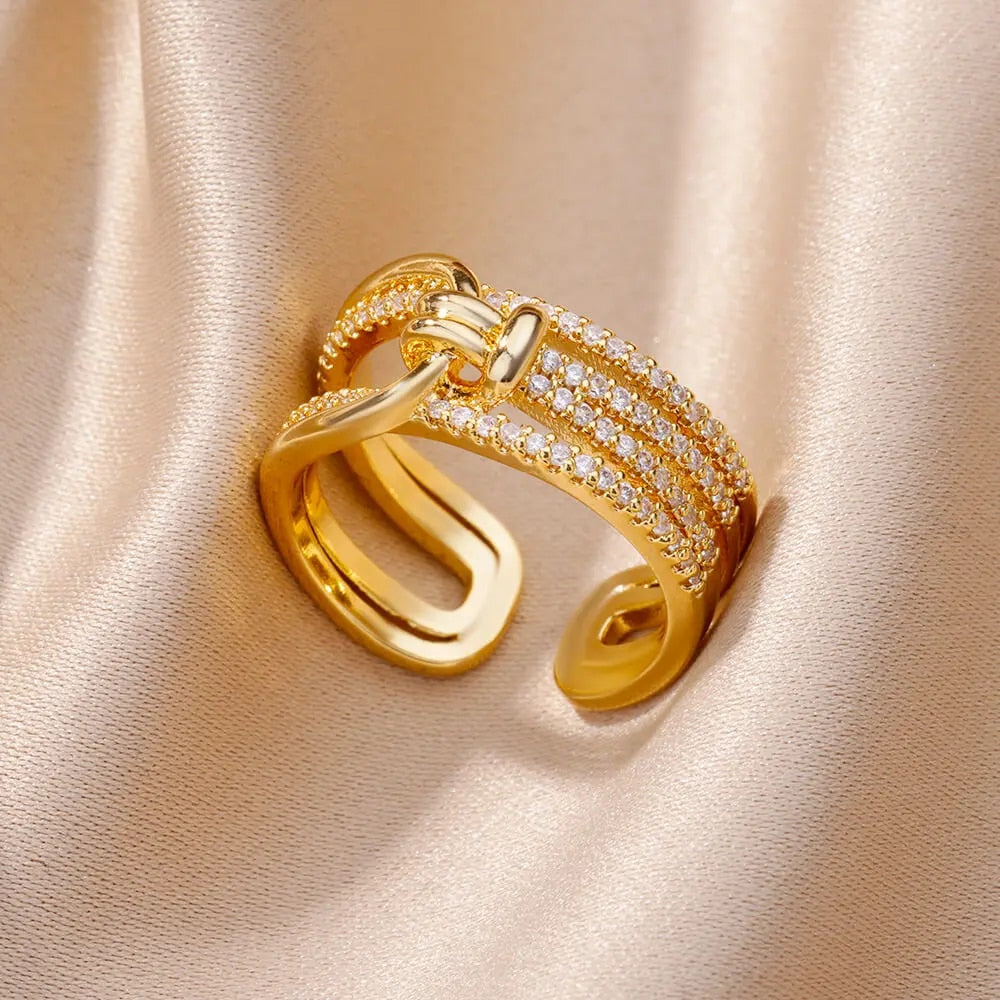 Fashion Gold Color Stainless Steel Rings For Women Chain Hollow Out Crystal Zir image 10