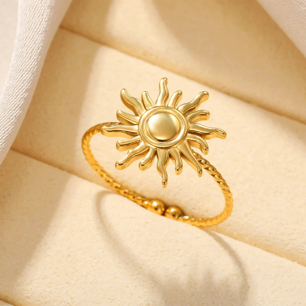 Stainless Steel Rings for Women Aesthetic Sunflower Gold Plated Wedding Couple image 11
