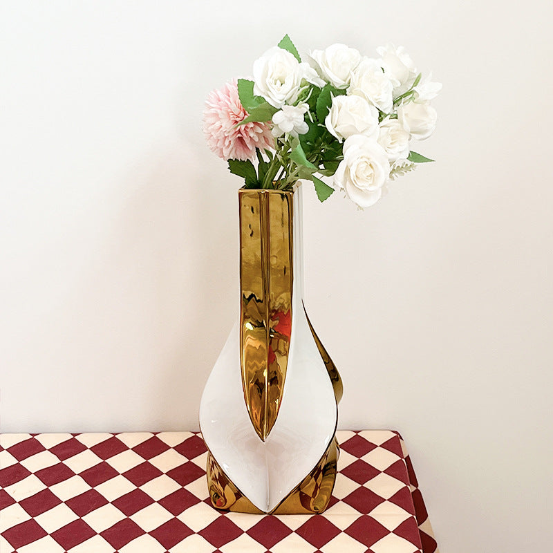Porcelain Large White Retro Vase Light Luxury Gold Hydroponic Home Living Room image 7