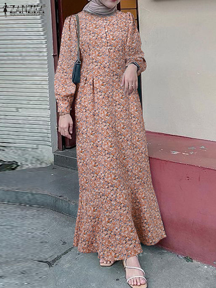 Women Floral Printed Muslim Dress Bohemian Sundress Elegant Abaya ZANZEA Fashio image 6