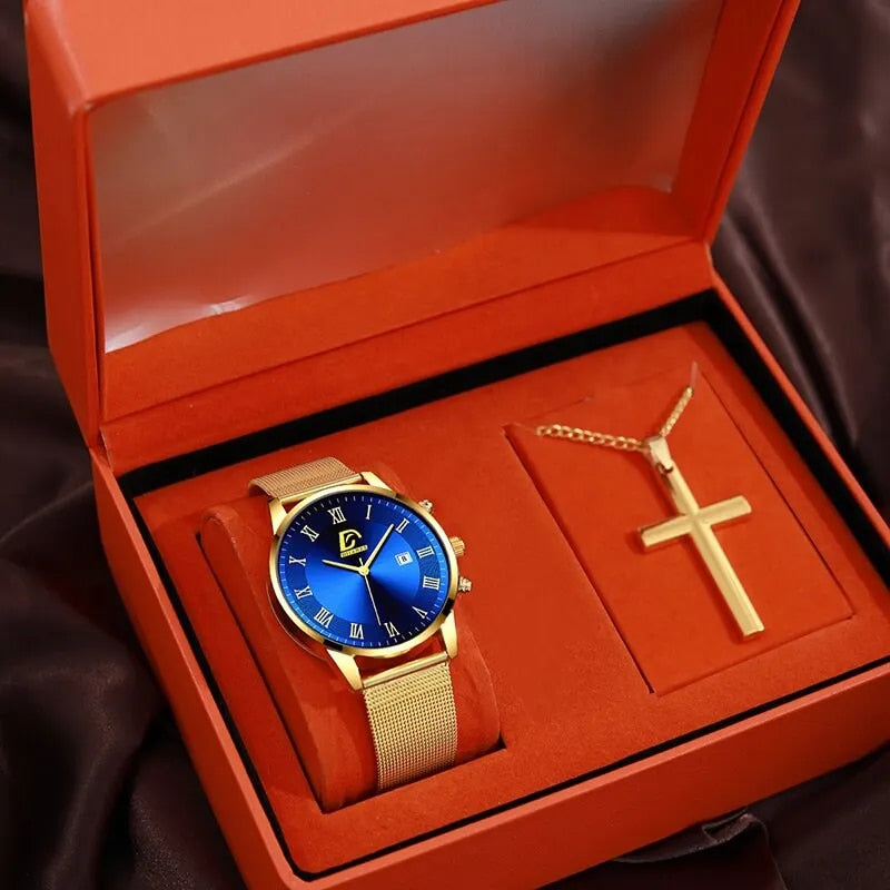 2PCS Set Fashion Mens Calendar Watches Luxury Men Business Gold Stainless Steel image 1