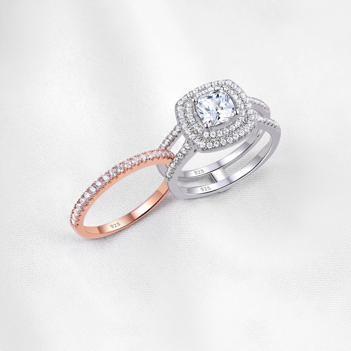 Newshe Halo Cushion Cut Bridal Set Solid 925 Sterling Silver Plug-in Rose Gold image 2