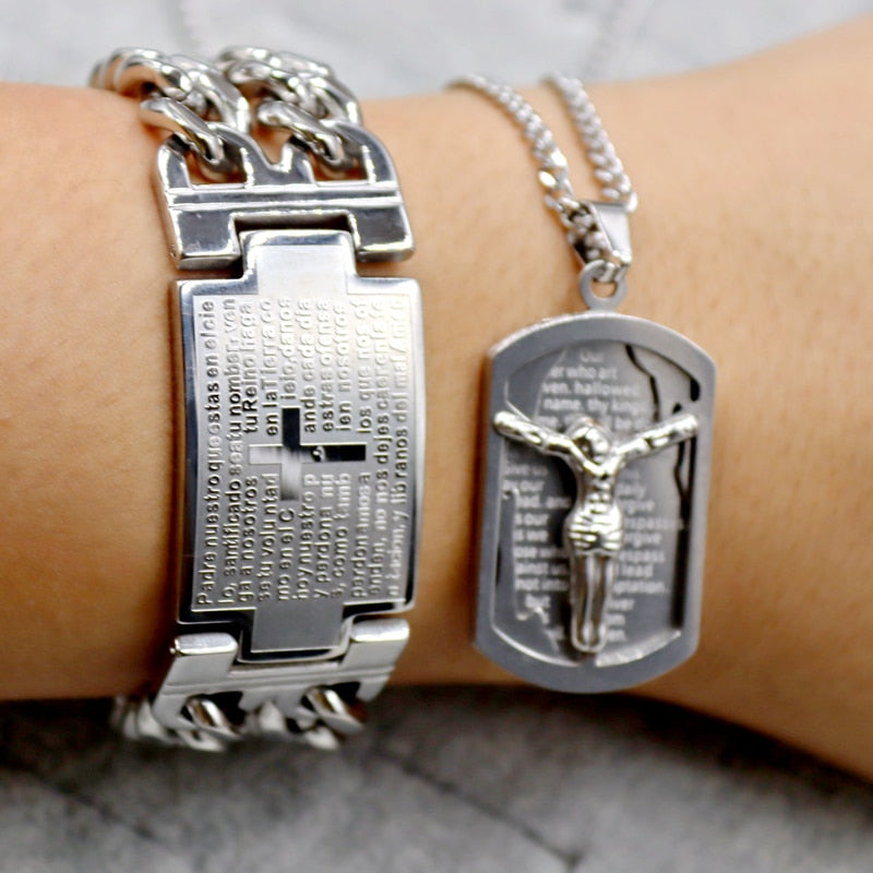 Mens Stainless Steel Bracelet Gold Color Cuban Chain Jesus Cross Bracelet Man image 3