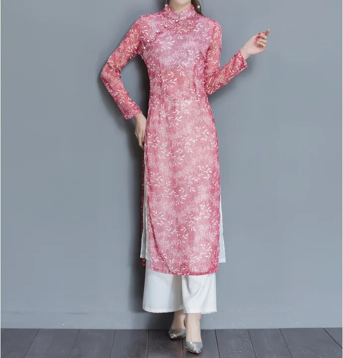 2022 vietnam aodai cheongsam set for women traditional chinese chiffon robe lad image 1