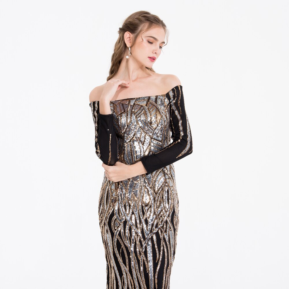 Angel-fashions Vintage Sequin Prom Gown Off Shoulder Long Sleeves Gold Silver image 3
