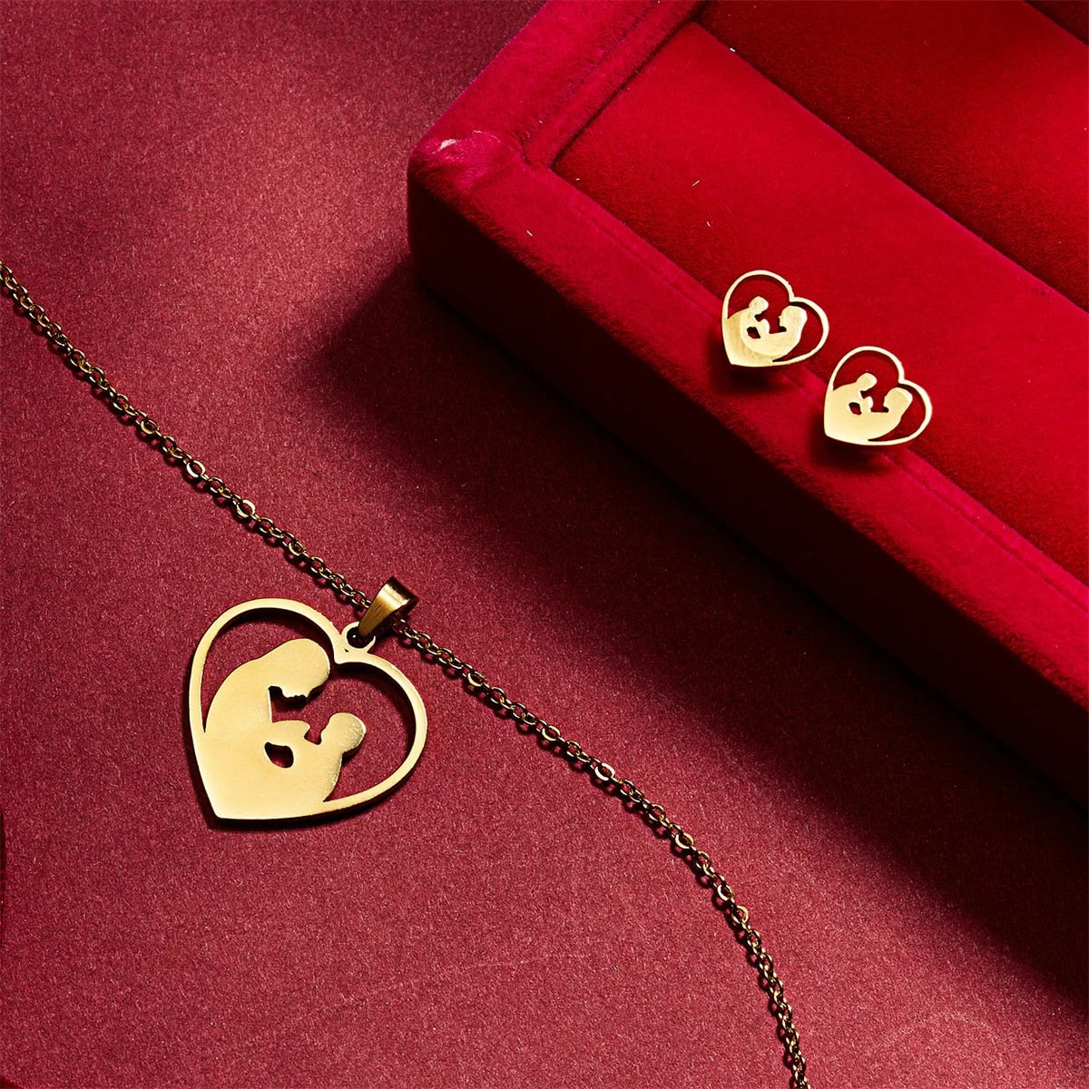 Stainless Steel Gold Color I Love MAMA Letter Necklace Earrings Set For Women H image 8