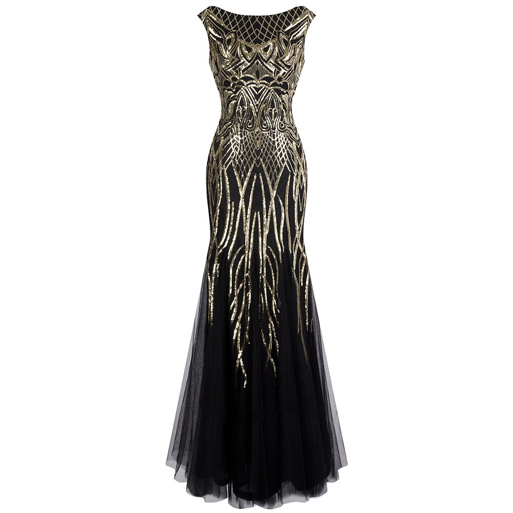 Angel-fashions Bateau Boat Neck Vintage Golden Sequin Ball Gown Long Prom image 1