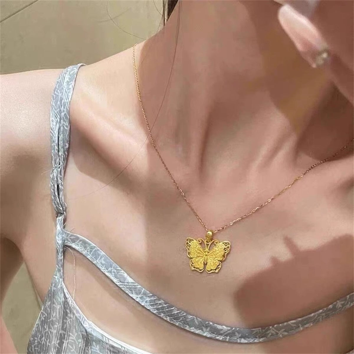 Shiny Pure 14 K Gold Color Butterfly Pendant Necklace for Women's Necklace Cha image 4