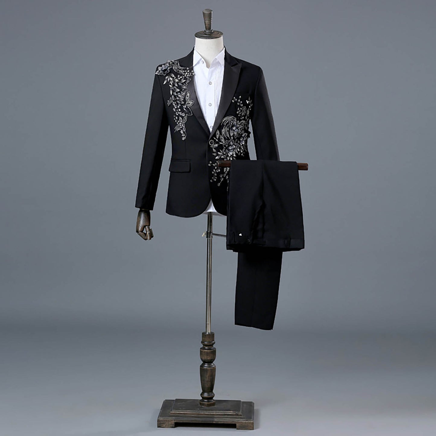 Floral Embroider Men's Suits Singer Nightclub Wedding Party Host One Button Sli image 2