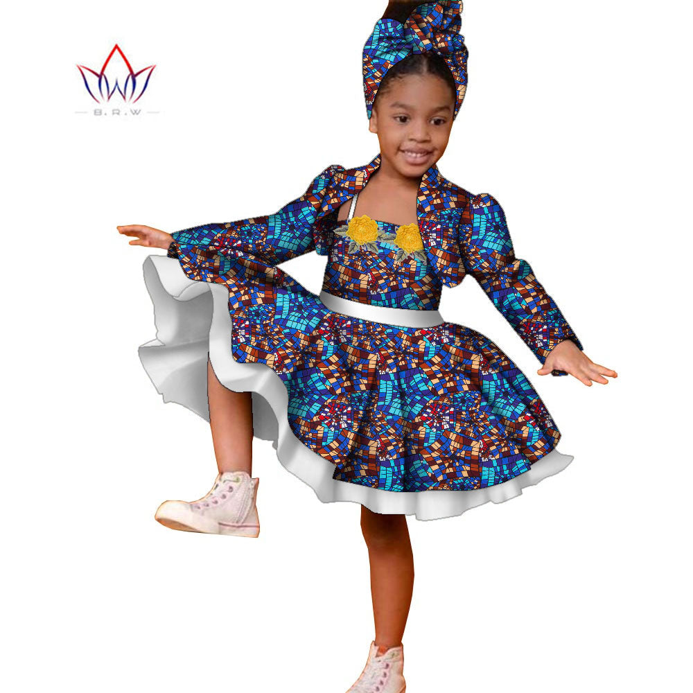 3pcs Set African Kids Gril Dashiki Dress Coat and Headtie Suits Africa Print Pa image 5