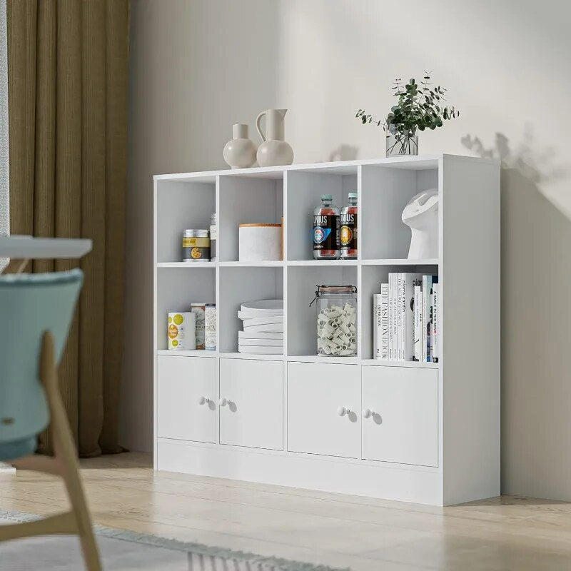 White Bookshelf with 12 Cubes and 4 Doors, 2-Tier Open Shelf Bookcase with Anti image 3