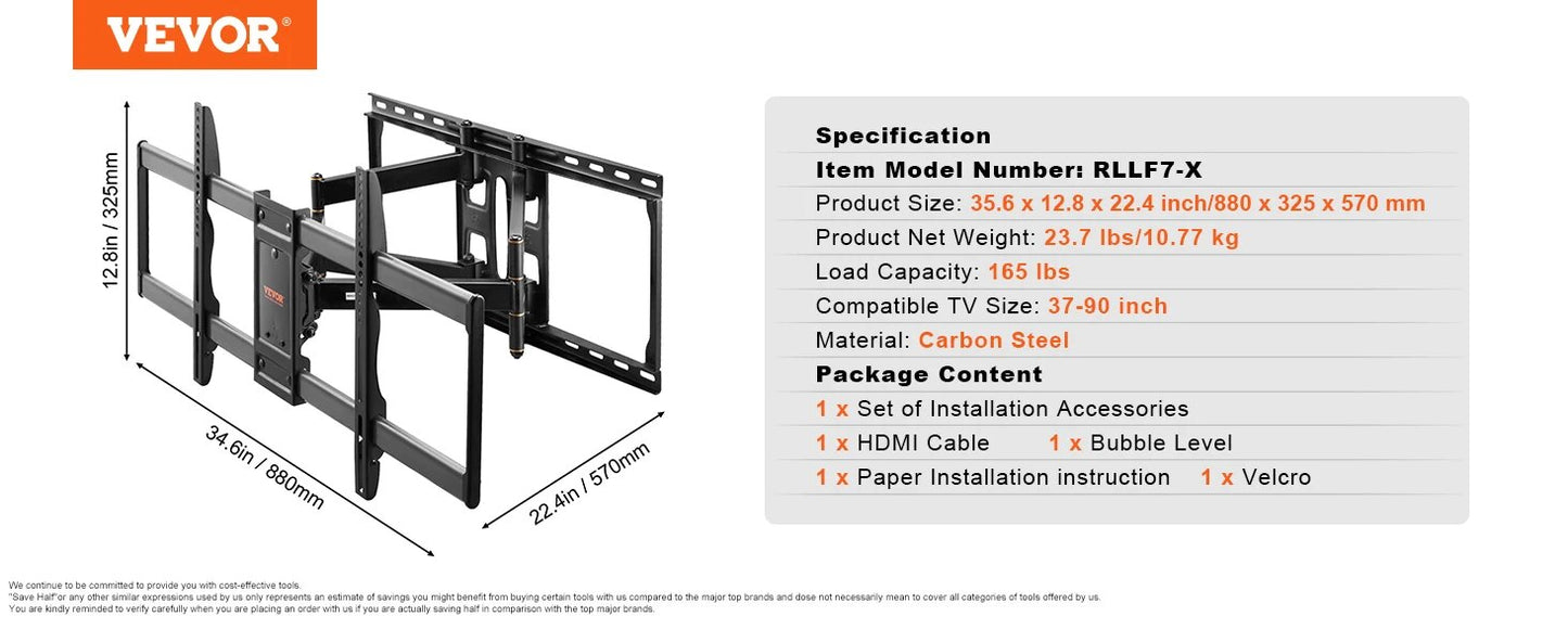 VEVOR Full Motion TV Mount Fit for Most 26-90in TVs Swivel Tilt Horizontal Adju image 3